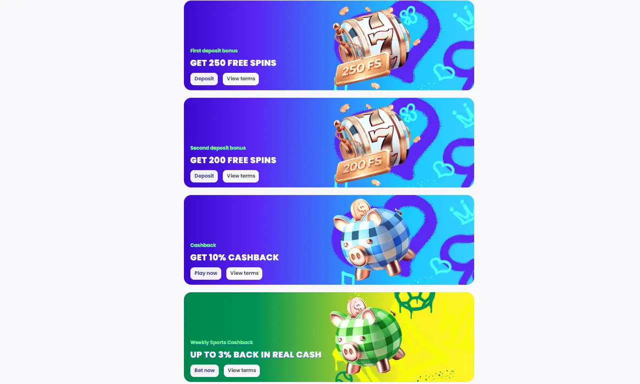 Queenwin promotions — 250 Free Spins on first deposit, 200 Free Spins on second deposit, 10% cashback and up to 3% weekly sports cashback